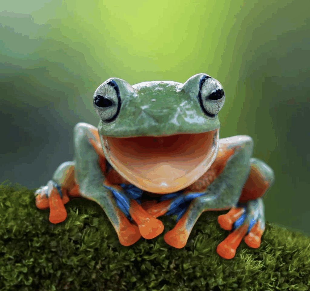 Inicio Pequeña rana de color verde y naranja brillante que parece sonreir